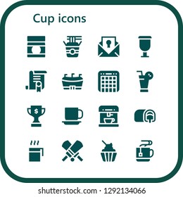  cup icon set. 16 filled cup icons. Simple modern icons about  - Baby food, Noodles, Certificate, Cup, Football, Mixer, Juice, Trophy, Coffee machine, Snack cake, Cricket, Ice cream