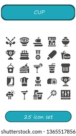 cup icon set. 25 filled cup icons.  Simple modern icons about  - Golf, Soup, Coffee, Coffee machine, Ice cream, Award, Cake, Medal, Fast food, Soda, Cocktail, Toast, Can, French press