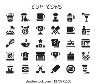 cup icon set. 30 filled cup icons. Simple modern icons about  - Noodles, Croissant, Cup, French press, Cocktail, Achievement, Medal, Trophy, Cricket, Coffee cup, Drink, Mixer