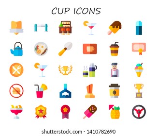 cup icon set. 30 flat cup icons.  Collection Of - trophy, bars, bar, cocktail, ice cream, thermo, kettle, breakfast, scoop, coffee cup, award, restaurant, Cocktail, winner
