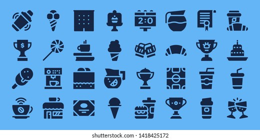 Cup Icon Set. 32 Filled Cup Icons. On Blue Background Style Simple Modern Icons About  - Shaker, Trophy, Ice Cream, Coffee, Sweet, Coffee Machine, Coffee Shop, Office, Chocolate Fudge