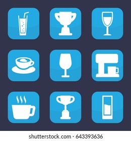 Cup icon. set of 9 filled cup icons such as cocktail, soda, cup with heart, drink, wine glass, coffee machine, trophy