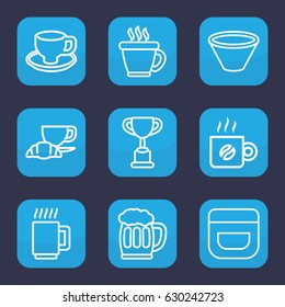 Cup icon. set of 9 outline cup icons such as coffee, cream, coffee and croissant, coffee cup, beer mug, bowl, mug