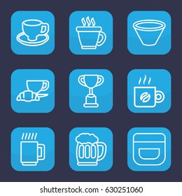 Cup icon. set of 9 outline cup icons such as coffee, cream, coffee and croissant, coffee cup, beer mug, bowl, mug