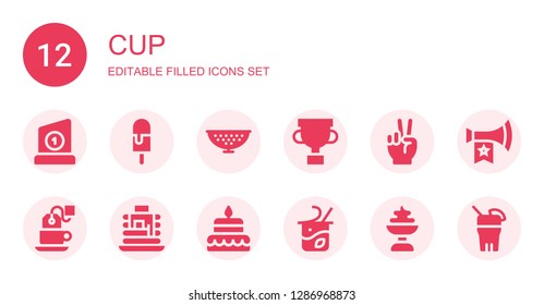 cup icon set. Collection of 12 filled cup icons included Trophy, Ice cream, Colander, Victory, Tea, Pancakes, Cake, Yogurt, Vuvuzela, Drink