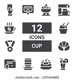 cup icon set. Collection of 12 filled cup icons included Cocktail, Ice cream, Water dispenser, Certificate, Croissant, Medal, Coffee maker, Coffee, Referee, Bowl