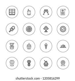 Cup icon set. collection of 16 outline cup icons with coffee maker, coffee, certificate, drawers, ice cream, medal, muffin, pancake, noodle soup, success, toast icons.