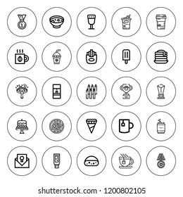 Cup icon set. collection of 25 outline cup icons with cake, coffee cup, coffee machine, certificate, cream, fries, frying, goblet, medal, ice cream icons. editable icons.