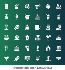 cup icon set. Collection of 36 filled cup icons included Colander, Winner, Ice cream, Football, Cocktail, Trophy, Success, Award, Lemonade, Cake, Restaurant, Break, Coffee cup