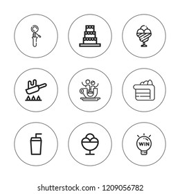 Cup icon set. collection of 9 outline cup icons with cake, drink, fry, ice cream, scoop, teacup icons. editable icons.