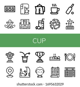 conjunto de iconos de taza. Colección de tabla de puntuación, hockey sobre hielo, máquina de café, restaurante, hervidor de agua, cóctel, copa, plato roto, críquet, premio, trofeo, golf, pong de cerveza, carreras, íconos del jugador de fútbol