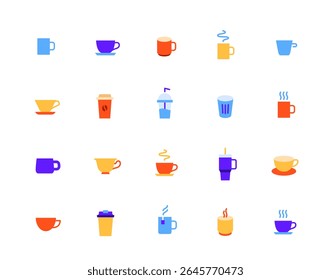 Cup icon set. Colorful signs with cups and mugs for coffee, tea, cocktails, hot and cold drinks. Design elements for app and cafe menu. Flat vector illustration collection isolated on background