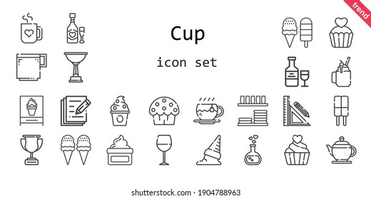 cup icon set. line icon style. cup related icons such as smoothie, wine glass, cup cake, dinnerware, teapot, cream, love potion, frozen yogurt, tea, ice cream, coffee cup, stationery, trophy, write