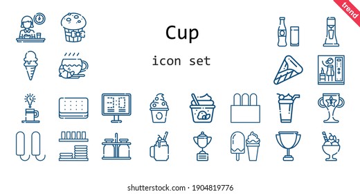 cup icon set. line icon style. cup related icons such as smoothie, dinnerware, muffin, frozen yogurt, milkshake, ice cream, tampon, beverage, coffee, steam, milk jar, scoreboard, trophy