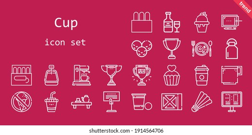 cup icon set. line icon style. cup related icons such as milk, coffee maker, badminton, holder, drink, tea, tampon, ice cream, graphic tablet, coffee cup, beer pong, coffee, no food, scoreboard