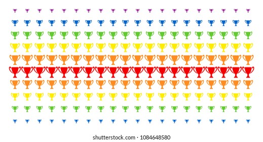 Cup icon spectrum halftone pattern. Vector symbols arranged into halftone matrix with vertical rainbow colors gradient. Constructed for backgrounds, covers, templates and abstract concepts.