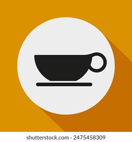 Cup icon vector. Black coffee cup. White circle background. Orange backdrop.
