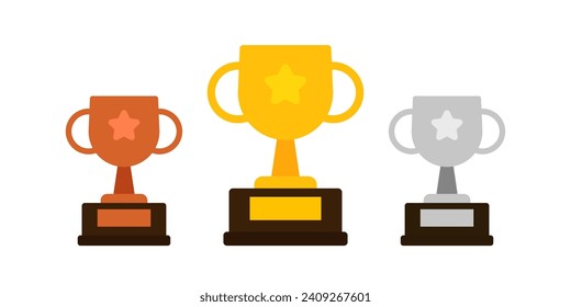 Iconos de la copa para los iconos del primer, segundo, tercer lugar. Diseño de tazas planas, de color, doradas, plateadas y de bronce. Iconos del vector