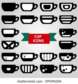 Cup icons in black and white, vector.