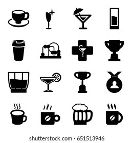 Cup icons set. set of 16 cup filled icons such as baby toy, clean wine glass, medal, coffee, drink, pharmacy, cocktail, beer mug