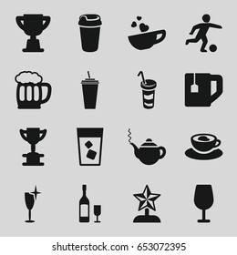 Cup icons set. set of 16 cup filled icons such as teapot, cocktail, clean wine glass, drink, beer mug, wine glass and bottle, football player, trophy
