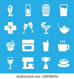 Cup icons set. set of 16 cup filled icons such as teapot, cream, drink, noodles fast food, cup with heart, pharmacy, wine glass, coffee machine, cocktail, trophy