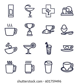 cup icons set. Set of 16 cup outline icons such as mug, baby toy, drink, coffee and croissant, boiled egg, medicine, pharmacy, cocktail, trophy