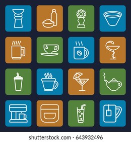 Cup icons set. set of 16 cup outline icons such as coffee, teapot, cream, drink, tea cup, soda, drink and food, medicine, bowl, coffee machine, mug, cocktail