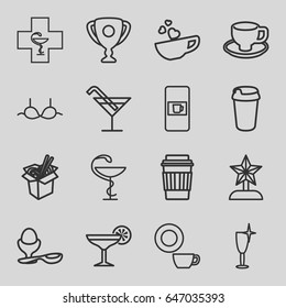Cup icons set. set of 16 cup outline icons such as vending machine, cocktail, dish, clean wine glass, bra, drink, noodles fast food, boiled egg, medicine, pharmacy, cocktail