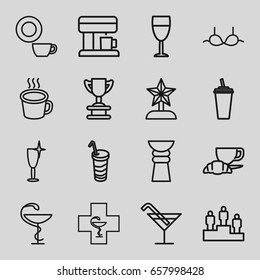 Cup icons set. set of 16 cup outline icons such as cocktail, dish, clean wine glass, bra, drink, coffee and croissant, medicine, pharmacy, cup, wine glass, coffee machine