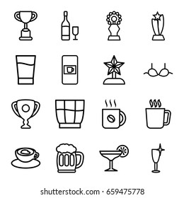 Cup icons set. set of 16 cup outline icons such as mug, vending machine, clean wine glass, bra, coffee, cup with heart, drink, cocktail, beer mug, wine glass and bottle