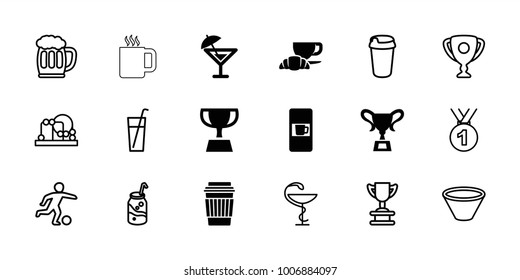Cup icons. set of 18 editable filled and outline cup icons: vending machine, drink, coffee and croissant, cocktail, baby toy, medal, trophy, soda, medicine, beer mug, bowl