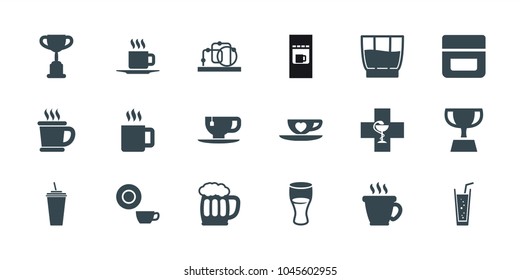 Cup icons. set of 18 editable filled cup icons: coffee, cream, dish, trophy, drink, soda, beer mug, mug, vending machine, baby toy