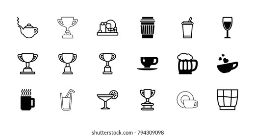 Cup icons. set of 18 editable filled and outline cup icons: drink, wine glass, beer mug, mug, baby toy, teapot, trophy, cocktail
