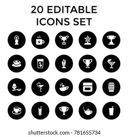 Cup icons. set of 20 editable filled cup icons such as teapot, cream, drink, soda, boiled egg, medicine, coffee, trophy. best quality cup elements in trendy style.