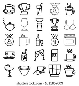 Cup icons. set of 25 editable outline cup icons such as vending machine, coffee, teapot, medal, trophy, glasses clink, soda, coffee and croissant, drink, medicine