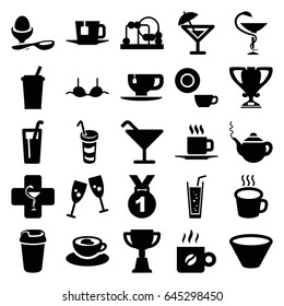 Cup icons set. set of 25 cup filled icons such as baby toy, teapot, cocktail, dish, bra, trophy, drink, soda, boiled egg, medicine, pharmacy, tea, coffee, bowl, cocktail