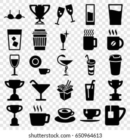 Cup icons set. set of 25 cup filled icons such as cocktail, dish, clean wine glass, bra, coffee, drink, noodles fast food, medicine, wine glass, trophy, mug, glasses clink