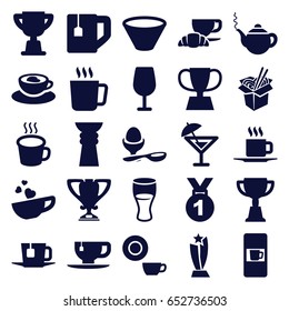 Cup icons set. set of 25 cup filled icons such as mug, vending machine, teapot, cocktail, dish, trophy, drink, noodles fast food, coffee and croissant, boiled egg, tea, bowl