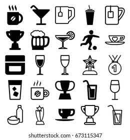 Cup icons set. set of 25 cup filled and outline icons such as cream, cocktail, coffee, drink, cocktail, wine glass, beer mug, trophy, football player, drink and food, medal
