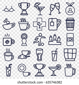 Cup icons set. set of 25 cup outline icons such as mug, vending machine, coffee, dish, bra, medal, drink, soda, coffee and croissant, pharmacy, cocktail, trophy, ranking