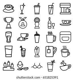 Cup icons set. set of 25 cup outline icons such as mug, cream, clean wine glass, bra, medal, trophy, drink, coffee and croissant, boiled egg, cocktail, wine glass and bottle
