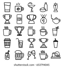 Cup icons set. set of 25 cup outline icons such as mug, vending machine, baby toy, coffee, teapot, soda, drink, drink and food, medicine, cup, cocktail, beer mug, trophy