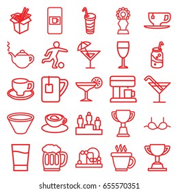 Cup icons set. set of 25 cup outline icons such as vending machine, baby toy, coffee, teapot, cocktail, bra, trophy, soda, noodles fast food, drink, cocktail, wine glass