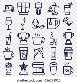 Cup icons set. set of 25 cup outline icons such as coffee, cocktail, clean wine glass, drink, tea cup, boiled egg, cocktail, tea, wine glass and bottle, coffee machine, trophy