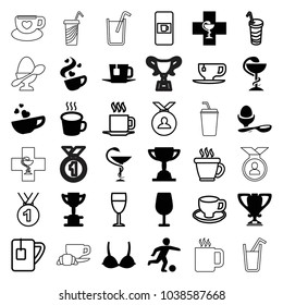Cup icons. set of 36 editable filled and outline cup icons such as cocktail, trophy, boiled egg, medicine, tea, football player, vending machine, coffee, medal, drink