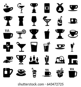 Cup icons set. set of 36 cup filled icons such as mug, vending machine, baby toy, cocktail, clean wine glass, medal, trophy, soda, noodles fast food, coffee and croissant