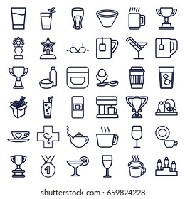 Cup icons set. set of 36 cup outline icons such as vending machine, baby toy, teapot, cream, cocktail, dish, bra, trophy, drink, noodles fast food, soda, drink and food