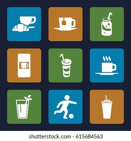 Cup icons set. set of 9 cup filled icons such as vending machine, soda, drink, coffee and croissant, cup, cocktail, tea