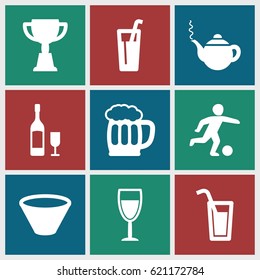 Cup icons set. set of 9 cup filled icons such as teapot, trophy, wine glass, beer mug, wine glass and bottle, bowl, football player, cocktail